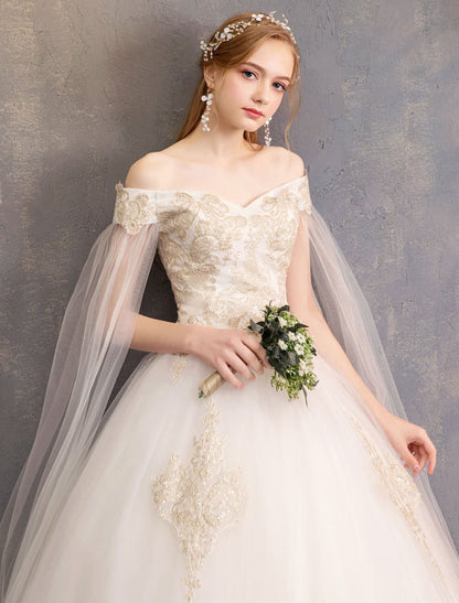 Off The Shoulder Lace Applique Princess Tulle Wedding Gown