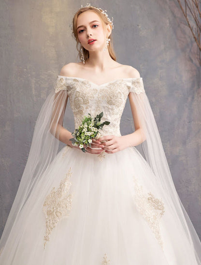 Off The Shoulder Lace Applique Princess Tulle Wedding Gown