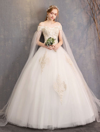 Off The Shoulder Lace Applique Princess Tulle Wedding Gown