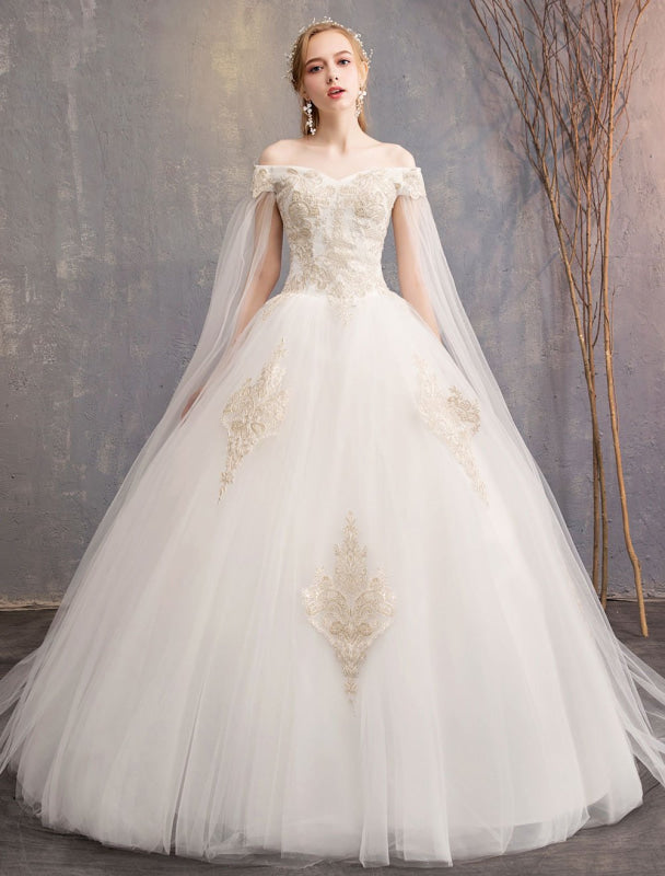 Off The Shoulder Lace Applique Princess Tulle Wedding Gown