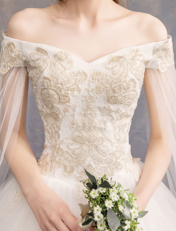 Off The Shoulder Lace Applique Princess Tulle Wedding Gown