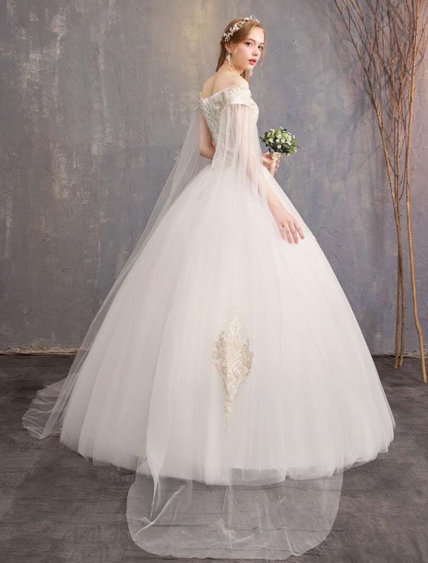 Off The Shoulder Lace Applique Princess Tulle Wedding Gown
