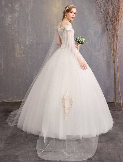 Off The Shoulder Lace Applique Princess Tulle Wedding Gown