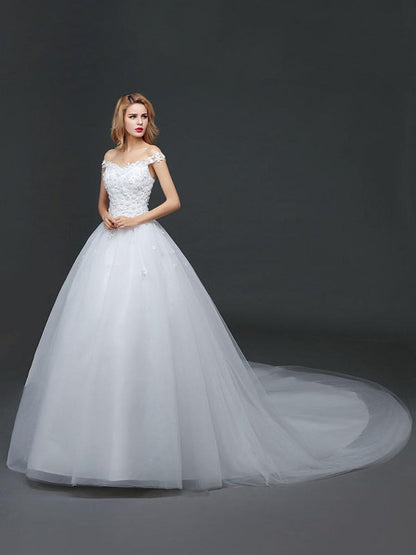 Off The Shoulder Lace Floral Appliques Tulle Ivory Aline Wedding Dresses