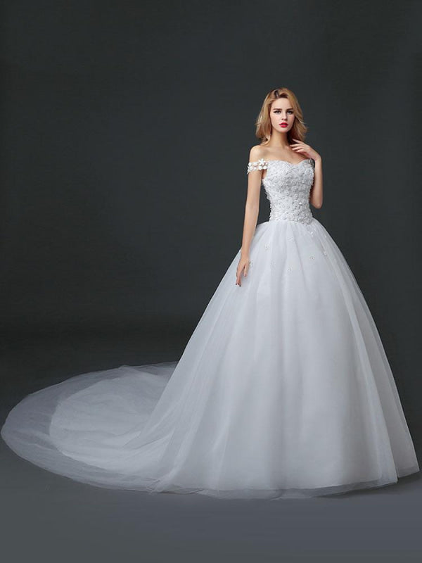 Off The Shoulder Lace Floral Appliques Tulle Ivory Aline Wedding Dresses