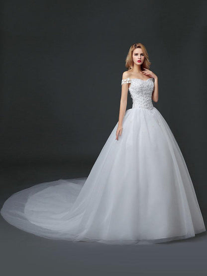 Off The Shoulder Lace Floral Appliques Tulle Ivory Aline Wedding Dresses