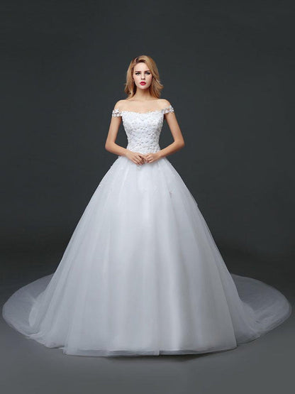 Off The Shoulder Lace Floral Appliques Tulle Ivory Aline Wedding Dresses