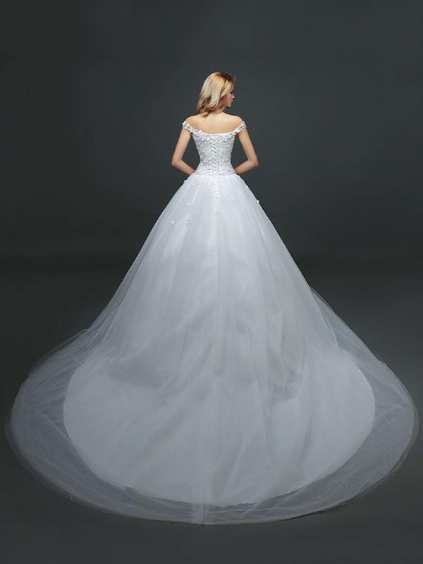 Off The Shoulder Lace Floral Appliques Tulle Ivory Aline Wedding Dresses