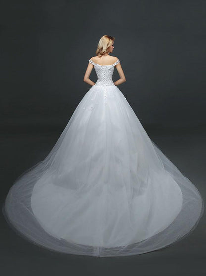 Off The Shoulder Lace Floral Appliques Tulle Ivory Aline Wedding Dresses