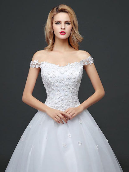 Off The Shoulder Lace Floral Appliques Tulle Ivory Aline Wedding Dresses