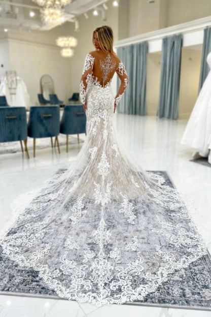 Off-the-Shoulder Long Sleeves ivory Lace Wedding Dress Mermaid with Train