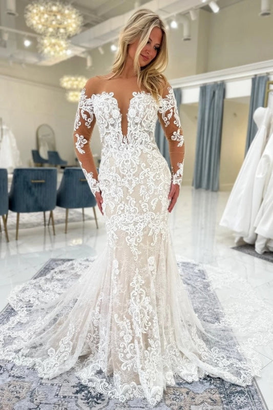 Off-the-Shoulder Long Sleeves ivory Lace Wedding Dress Mermaid with Train
