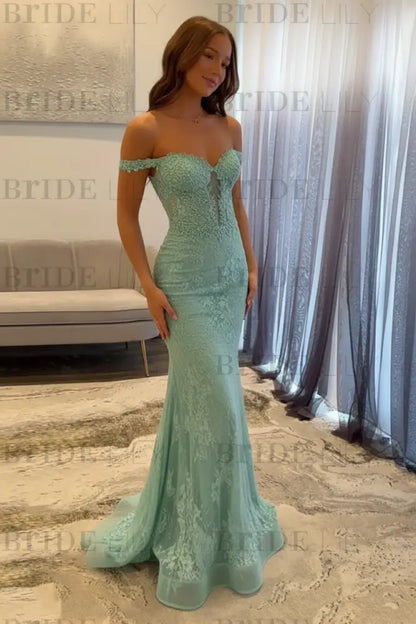 Off-the-Shoulder Mermaid Evening Dress Lace Prom Dress Long