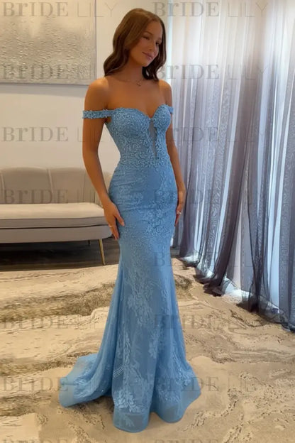 Off-the-Shoulder Mermaid Evening Dress Lace Prom Dress Long