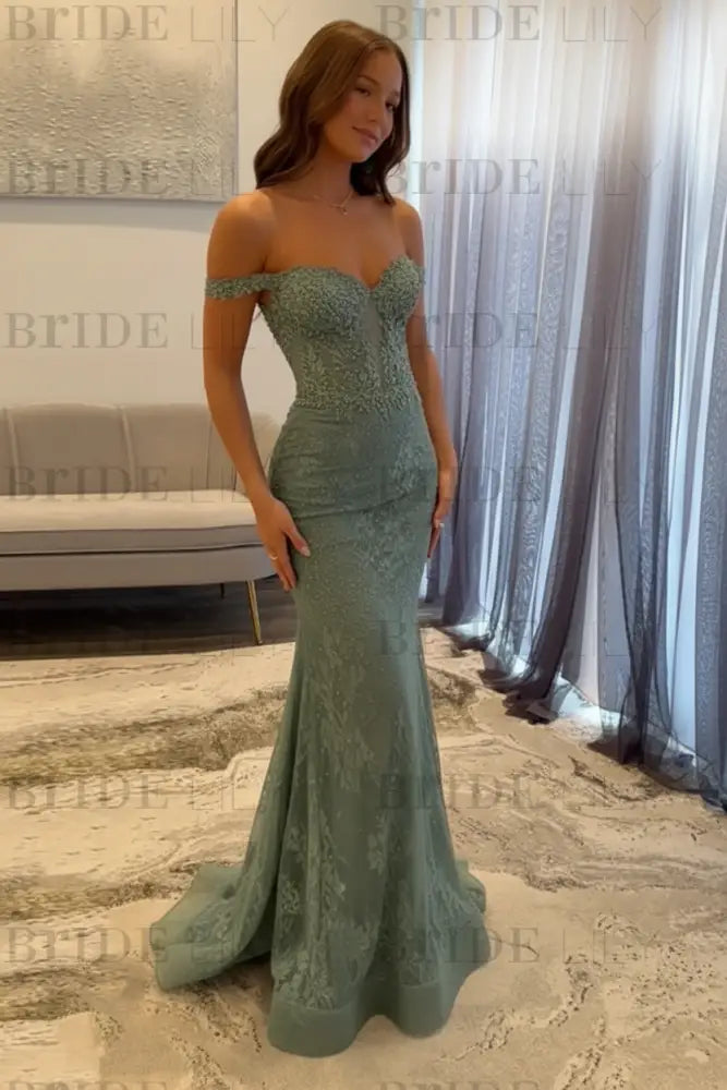 Off-the-Shoulder Mermaid Evening Dress Lace Prom Dress Long