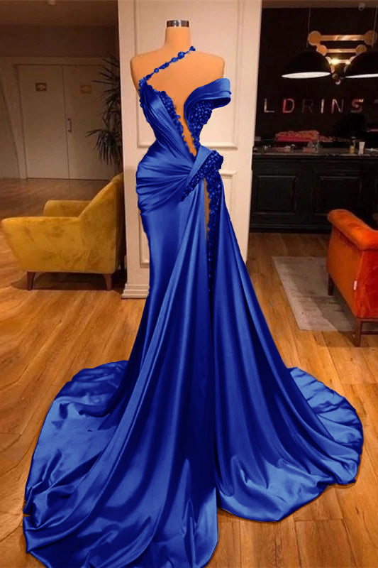 Off-the-Shoulder Satin Mermaid Prom Dress High Split with Long Beadings