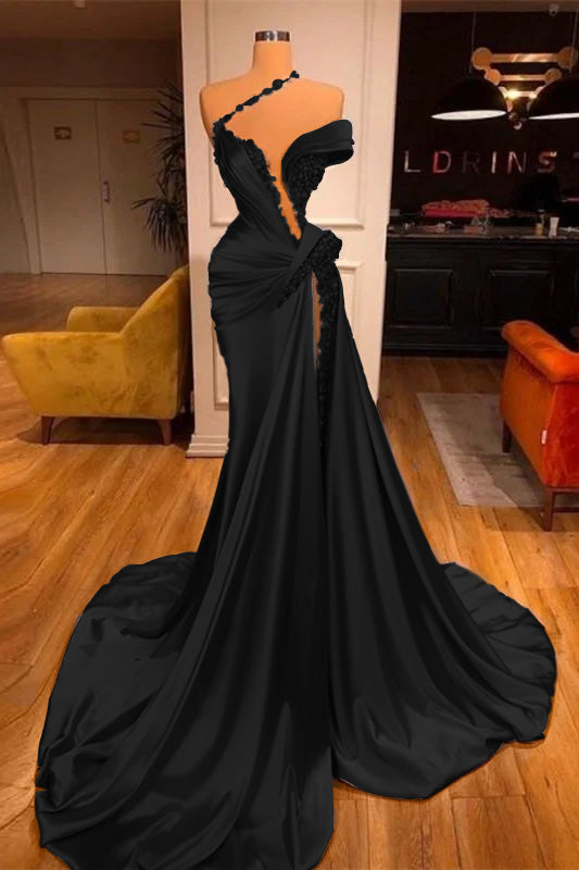 Off-the-Shoulder Satin Mermaid Prom Dress High Split with Long Beadings