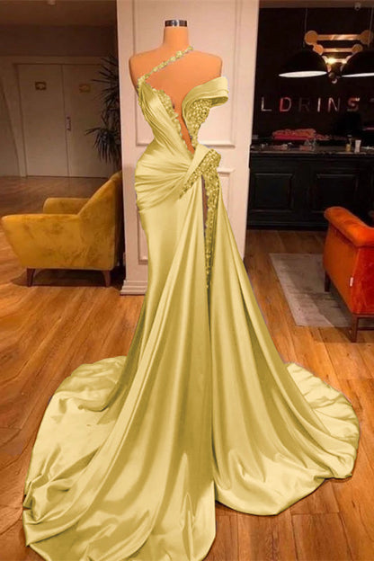 Off-the-Shoulder Satin Mermaid Prom Dress High Split with Long Beadings