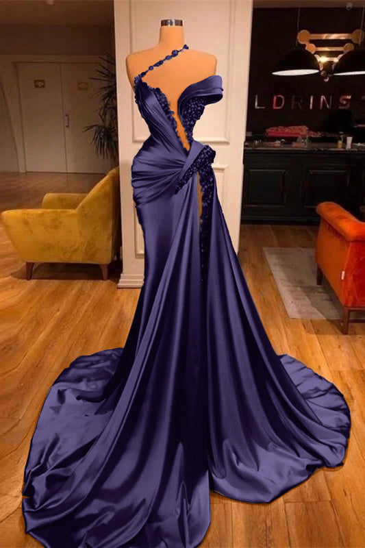 Off-the-Shoulder Satin Mermaid Prom Dress High Split with Long Beadings
