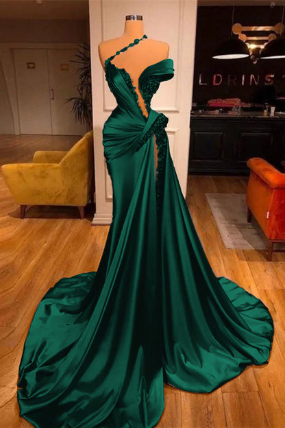 Off-the-Shoulder Satin Mermaid Prom Dress High Split with Long Beadings