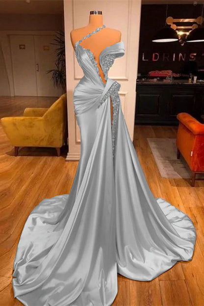 Off-the-Shoulder Satin Mermaid Prom Dress High Split with Long Beadings