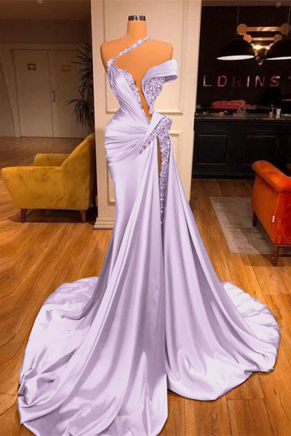 Off-the-Shoulder Satin Mermaid Prom Dress High Split with Long Beadings
