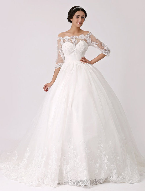 Off The Shoulder Princess Lace Wedding Dress With Illusion Neckline