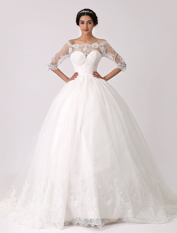 Off The Shoulder Princess Lace Wedding Dress With Illusion Neckline