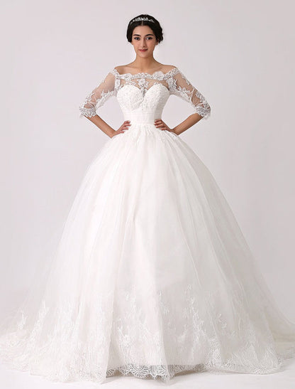 Off The Shoulder Princess Lace Wedding Dress With Illusion Neckline