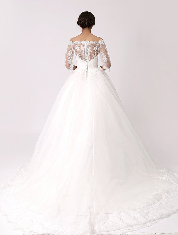 Off The Shoulder Princess Lace Wedding Dress With Illusion Neckline