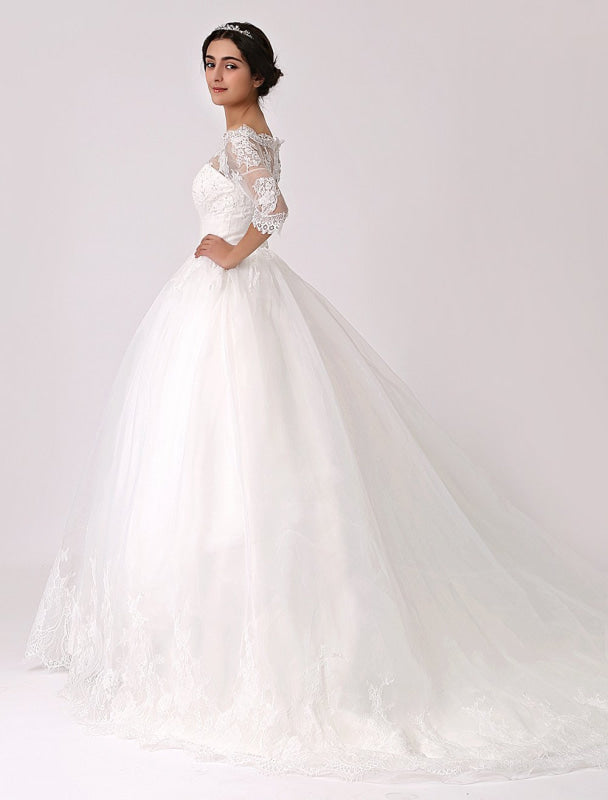 Off The Shoulder Princess Lace Wedding Dress With Illusion Neckline
