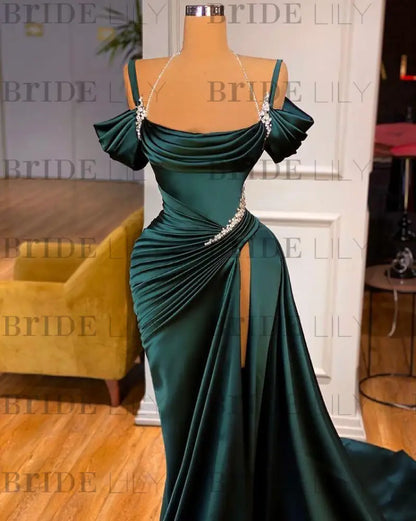 Off-the-Shoulder Prom Dress with Long Slit Dark Green