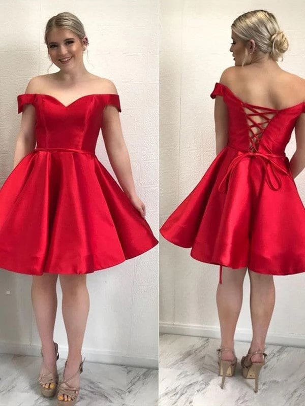 Off-the-Shoulder Ruched Satin Short Homecoming Dresses Sleeveless Knee Length Party Dress