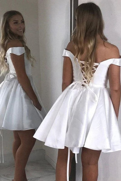 Off-the-Shoulder Ruched Satin Short Homecoming Dresses Sleeveless Knee Length Party Dress