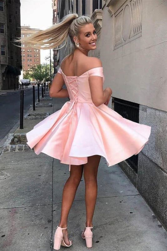 Off-the-Shoulder Ruched Satin Short Homecoming Dresses Sleeveless Knee Length Party Dress