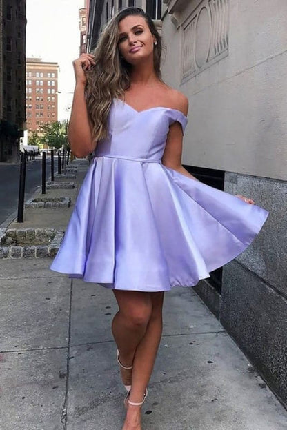 Off-the-Shoulder Ruched Satin Short Homecoming Dresses Sleeveless Knee Length Party Dress