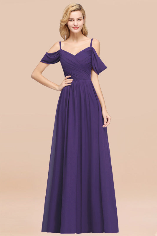 Off-the-shoulder Ruffle Chiffon Burgundy Bridesmaid Dress with Straps