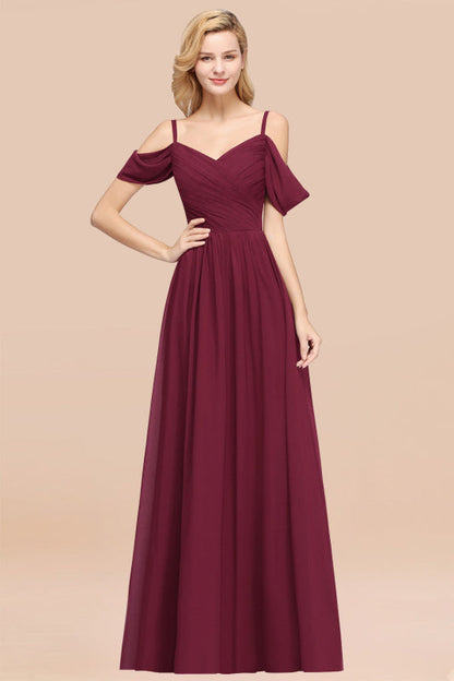 Off-the-shoulder Ruffle Chiffon Burgundy Bridesmaid Dress with Straps