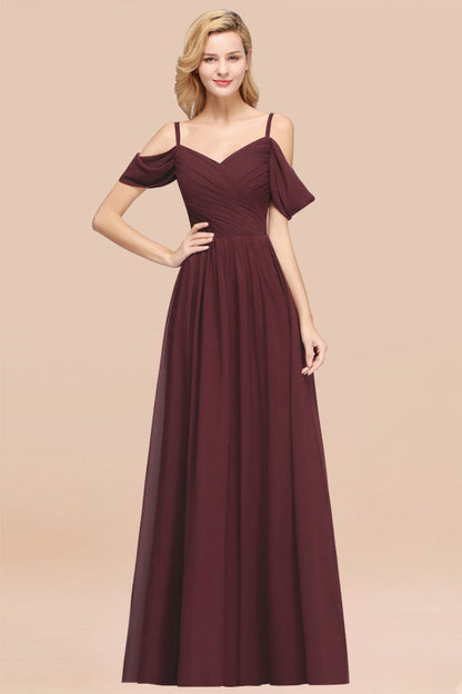 Off-the-shoulder Ruffle Chiffon Burgundy Bridesmaid Dress with Straps