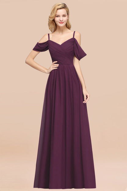 Off-the-shoulder Ruffle Chiffon Burgundy Bridesmaid Dress with Straps