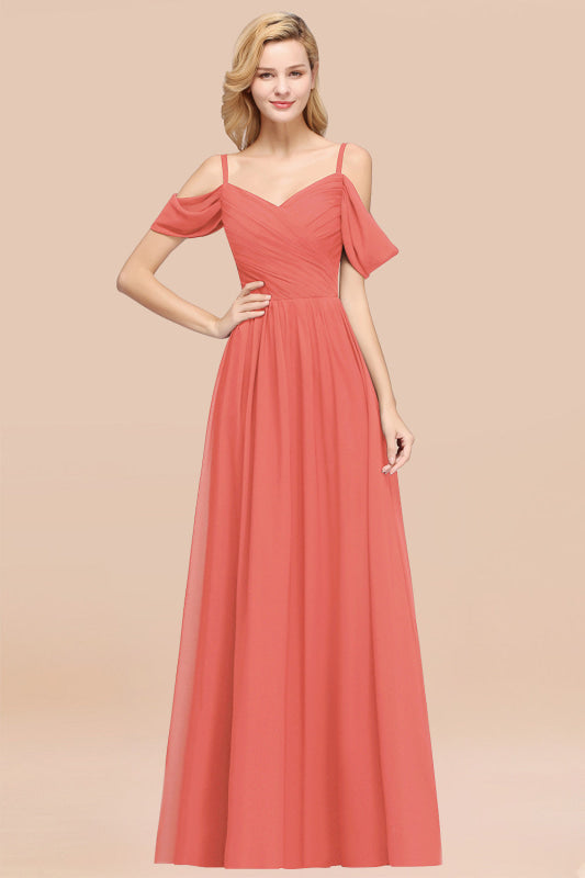 Off-the-shoulder Ruffle Chiffon Burgundy Bridesmaid Dress with Straps