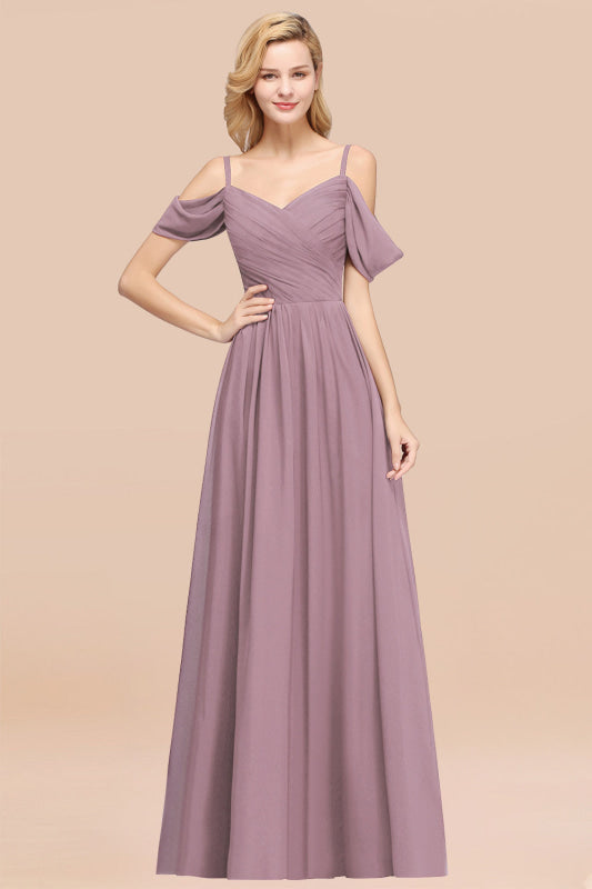 Off-the-shoulder Ruffle Chiffon Burgundy Bridesmaid Dress with Straps