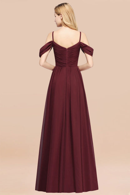 Off-the-shoulder Ruffle Chiffon Burgundy Bridesmaid Dress with Straps