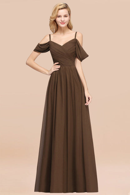Off-the-shoulder Ruffle Chiffon Burgundy Bridesmaid Dress with Straps