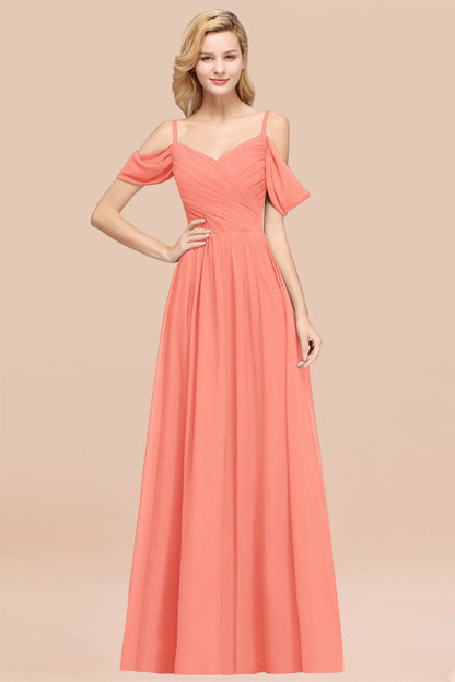 Off-the-shoulder Ruffle Chiffon Burgundy Bridesmaid Dress with Straps