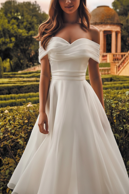 Off-the-Shoulder Tea Length Aline Wedding Dress Tulle Vintage Bridal Dress