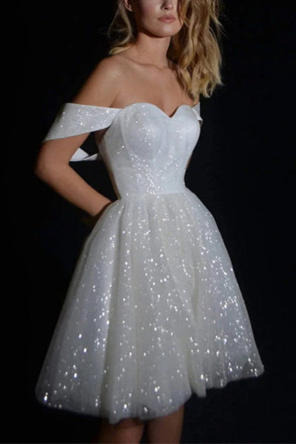 Off-the-Shoulder Sequins A-line Wedding Dress Knee-Length Sweetheart Bridal Dress