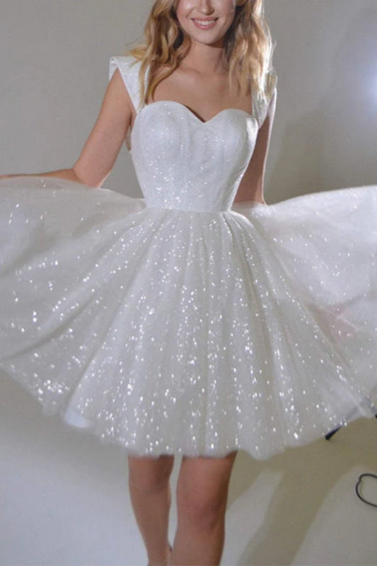 Off-the-Shoulder Sequins A-line Wedding Dress Knee-Length Sweetheart Bridal Dress