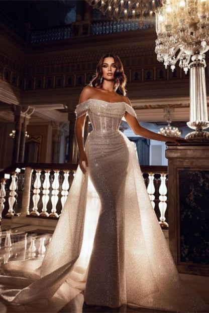 Off the Shoulder Sequins Mermaid Wedding Dress with Sweep Train