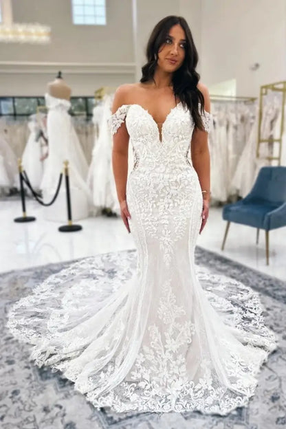 Off-the-Shoulder Sweetheart Ivory Lace Wedding Dress Mermaid Bridal Gown